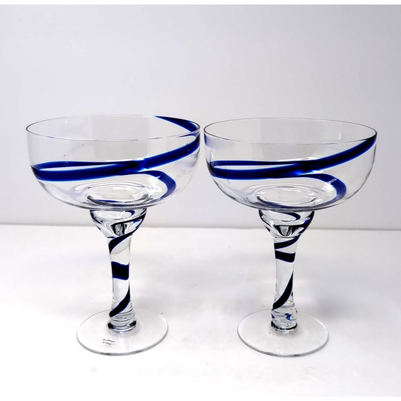 Pier 1 Imports Swirline Cobalt Blue Margarita Glasses Set Of 2 Barware Handblown - Picture 1 of 5